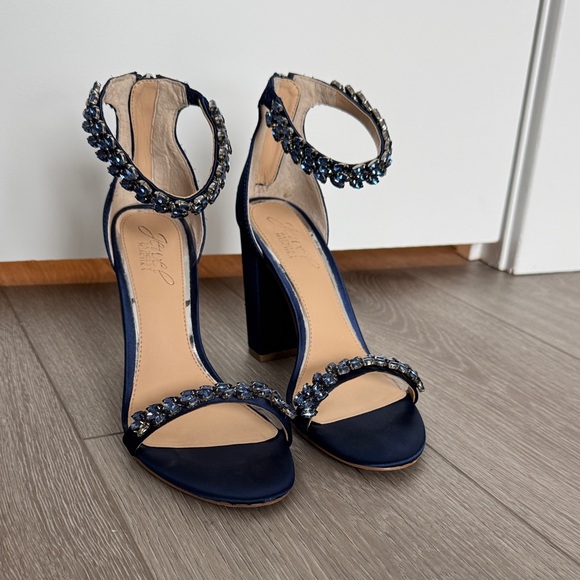 Badgley Mischka Shoes - Badgley Mischka Embellished Navy Satin Ankle-Strap Heels